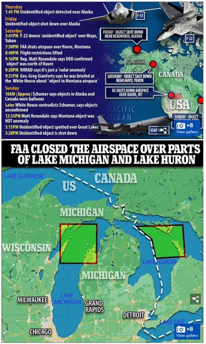 U.S. military shoots down unidentified object over Lake Huron